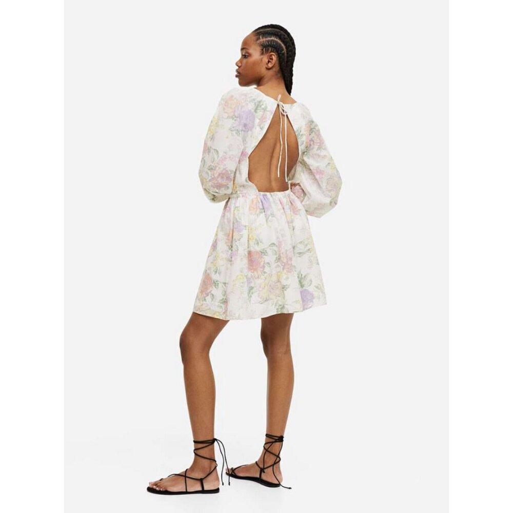 H&M Balloon-Sleeved Open-Backed Dress in Cream Floral